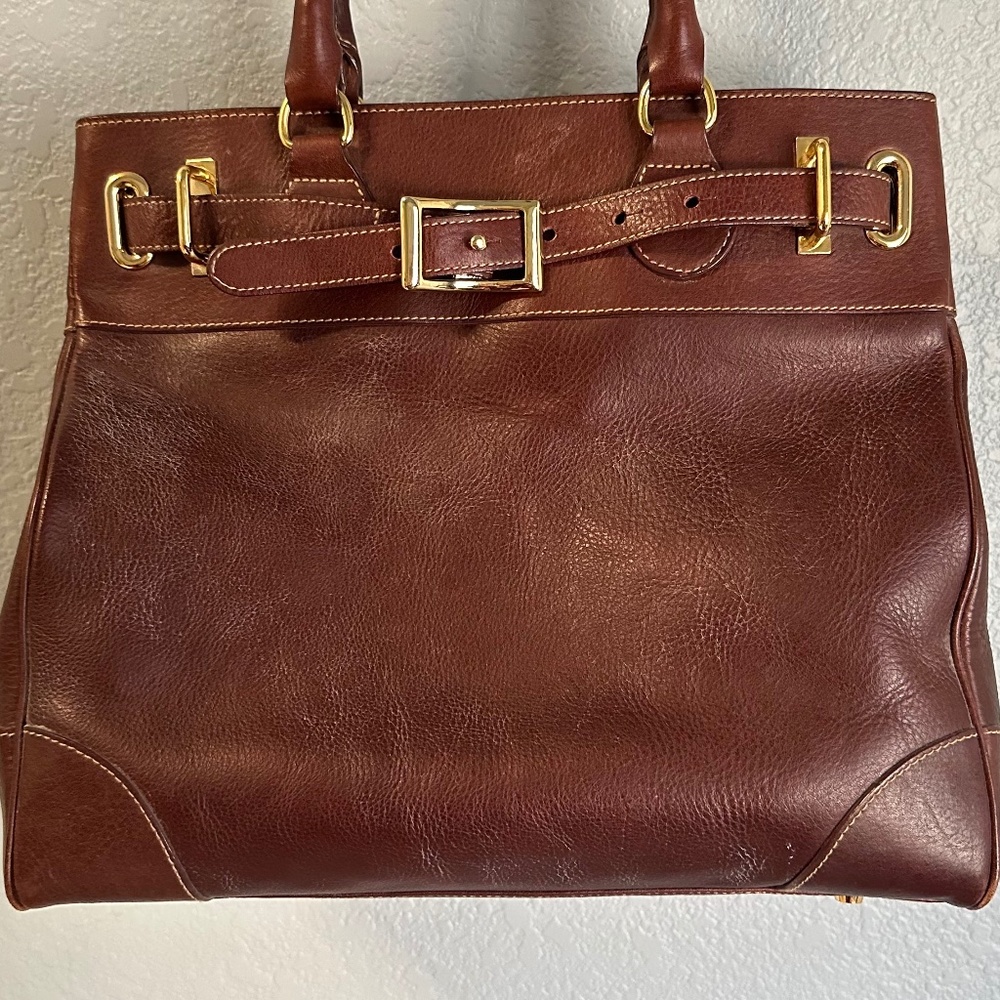 Lauren Ralph Lauren Leather Structured Tote | Work Bag Equestrian Hardware Brown